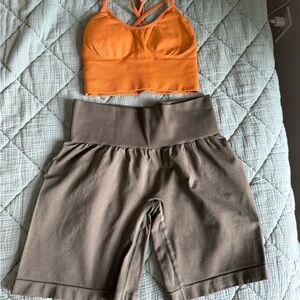 Orange Sports Bra and Brown High-Waisted Shorts Set